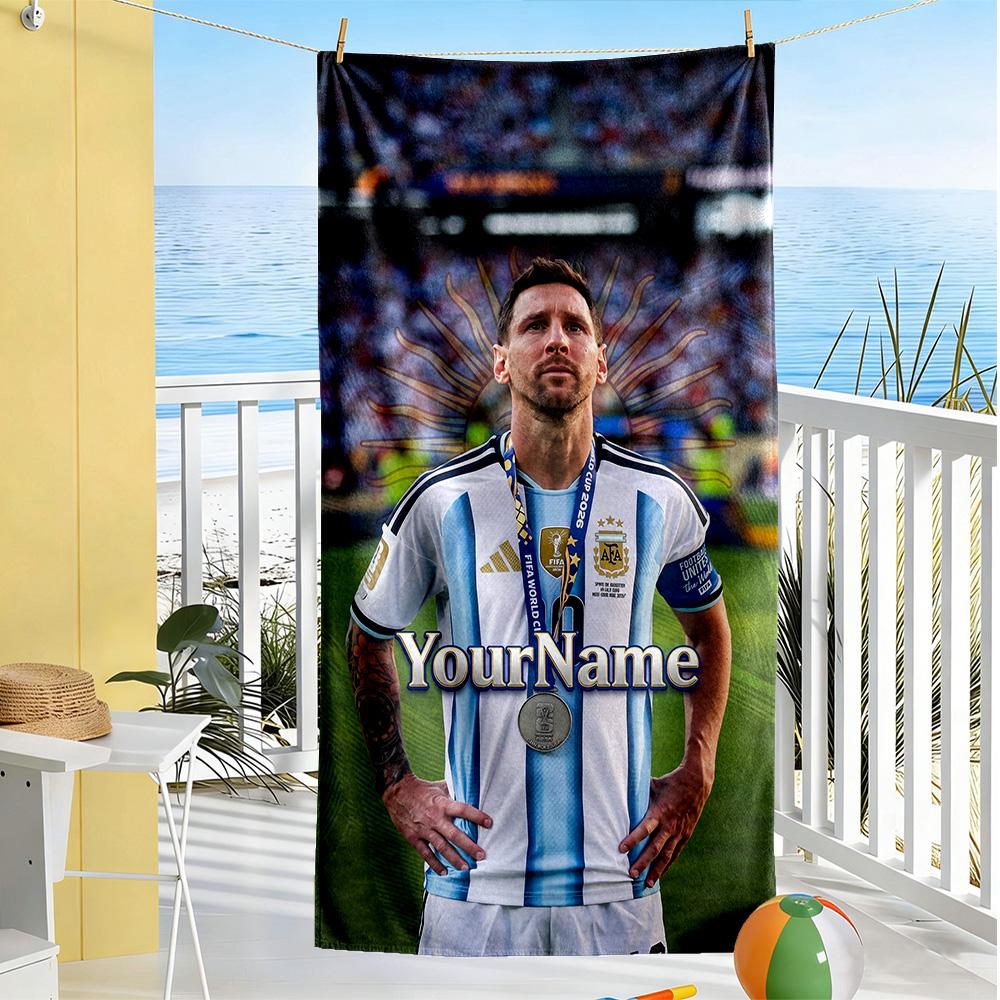 Messi Personalisierter Name Strandtuch Schnelltrocknend Weiche Mikrofaser Geeignet für Schwimmen Fitnessstudio Camping Yoga Urlaub