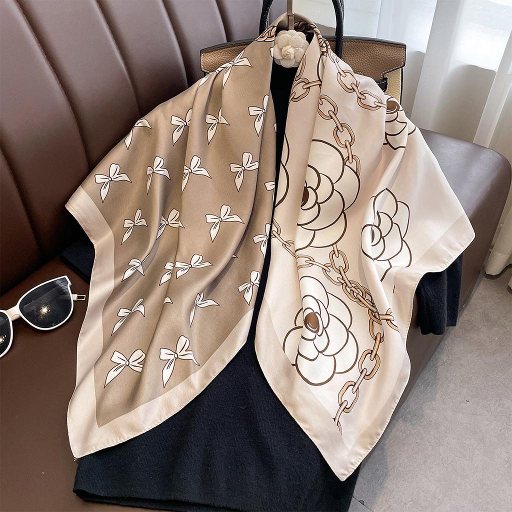 Luxury 90*90Cm Square Silk Scarf For Women Retro Neck Shawl Warps Elegant Neckerchief Bandanas Hijab Soft Stain Ladies Scarf