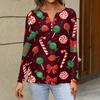 Women's Long Sleeve Christmas Print V-Neck T-Shirt with Button