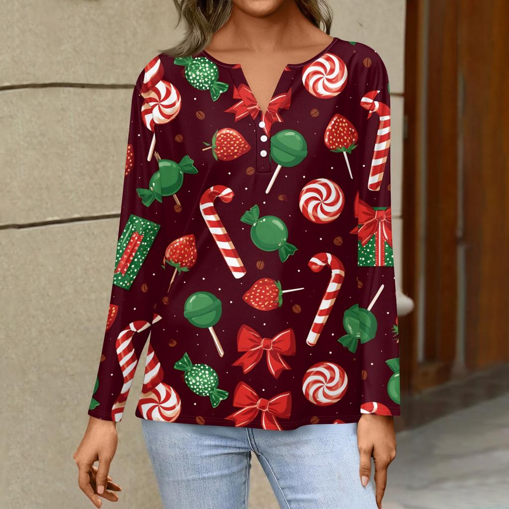 Women's Long Sleeve Christmas Print V-Neck T-Shirt with Button