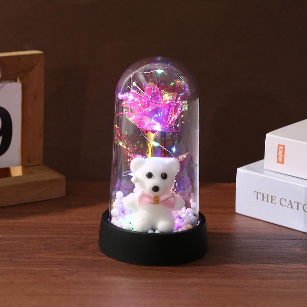 Artificial Rose Bear Desktop Ornament Eternal 24K Gold Foil Flower with Light Acrylic Cover Valentine's Day Birthday Rose Decor