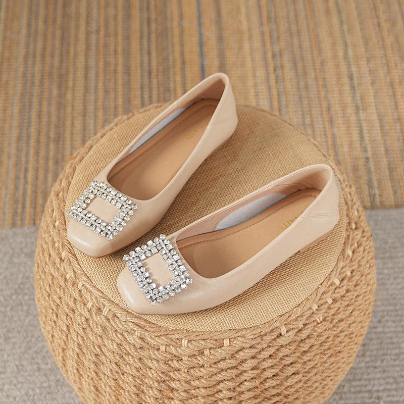 Women's Genuine Leather Nude Flats - Soft Sole, Low-Cut, Plus Size (41-43), Summer 2025 Collection