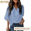 Women's Fashion Casual Solid Color Print Short Sleeve V Neck Blouses & Shirts