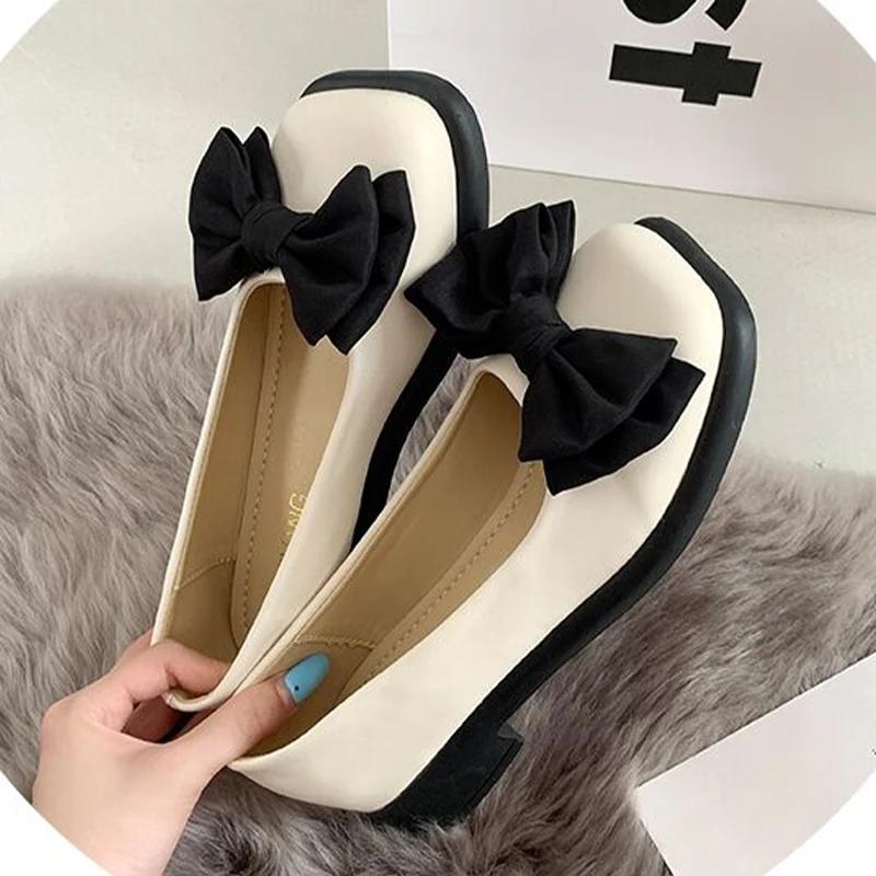 Women Bow Mary Janes Shoes Casual High Heels Shoes New Square Toe Sandals Fashion Lolita Shoes Loafers Walking