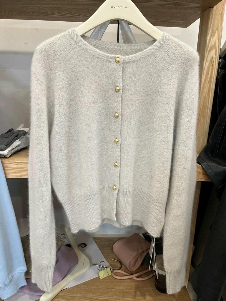 Women's French-Inspired Loose Fit Pure Wool Knit Cardigan with Gold Buttons and Round Neck Sweater