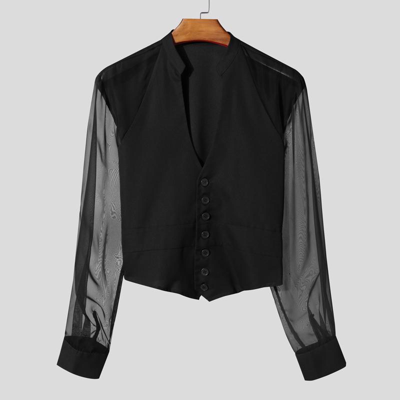 INCERUN Men Deep V Neck Long Sleeve Patchwork Mesh Sheer Buttons Slim Waist Party T-shirts
