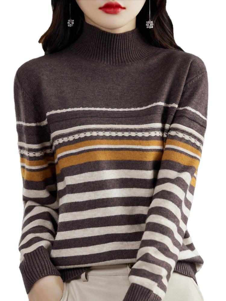 Γυναικεία μόδα casual ρίγες φθινοπωρινά χειμωνιάτικα μακρυμάνικα πουλόβερ με μισό ζιβάγκο