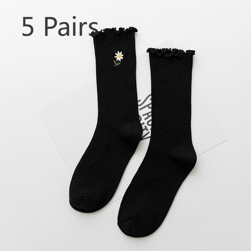 5 Pairs of Female Spring and Summer New Solid Color Wooden Ear Embroidery Roll Edge In The Tube Pile Socks