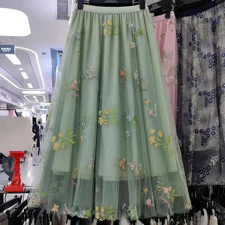 Embroidered Floral Mesh High-Waist A-Line Mid-Length Skirt for Women