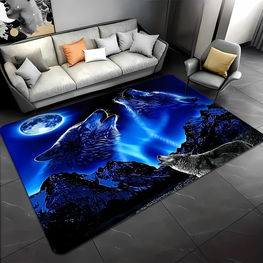 Dramatic Blue Wolf Howling Moon Area Rug Modern Forest Night Print Throw Mat for Living Room Decor