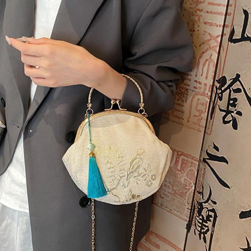 Fashion Vintage Fringe Bag Small Shell Bags Chain Women Shoulder Crossbody Bag Crane Flying Women's Handbags Purses Embroidery
