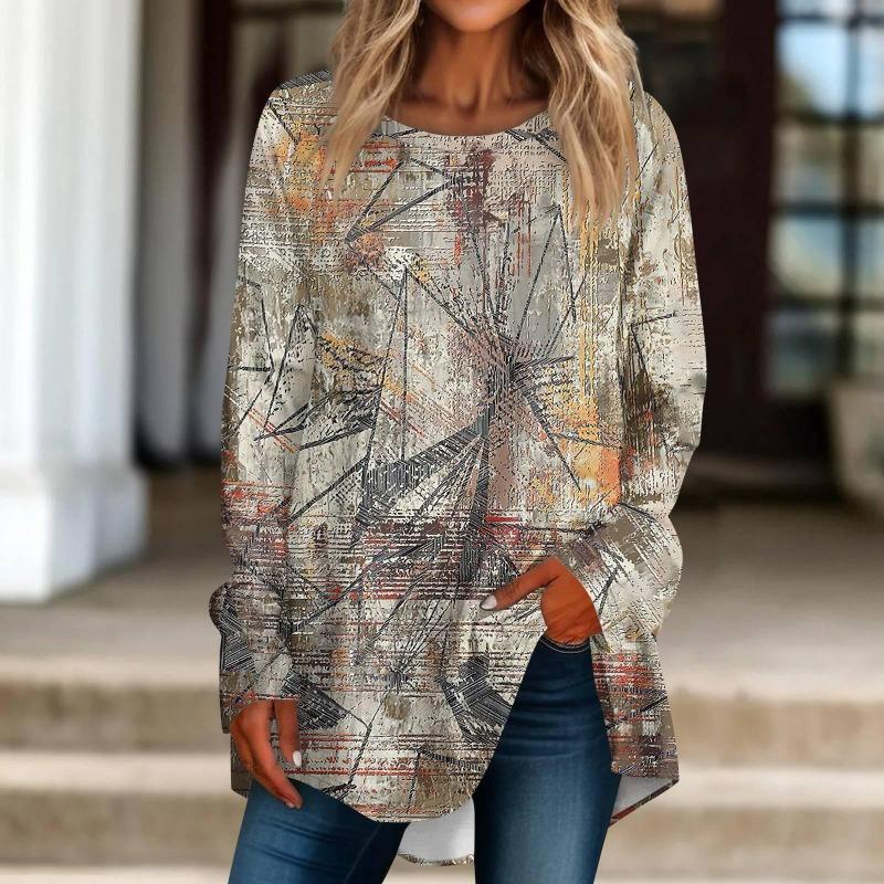 

Женская повседневная футболка больших размеров с длинными рукавами и круглым принтом, топ, футболки-пуловеры для женщин M