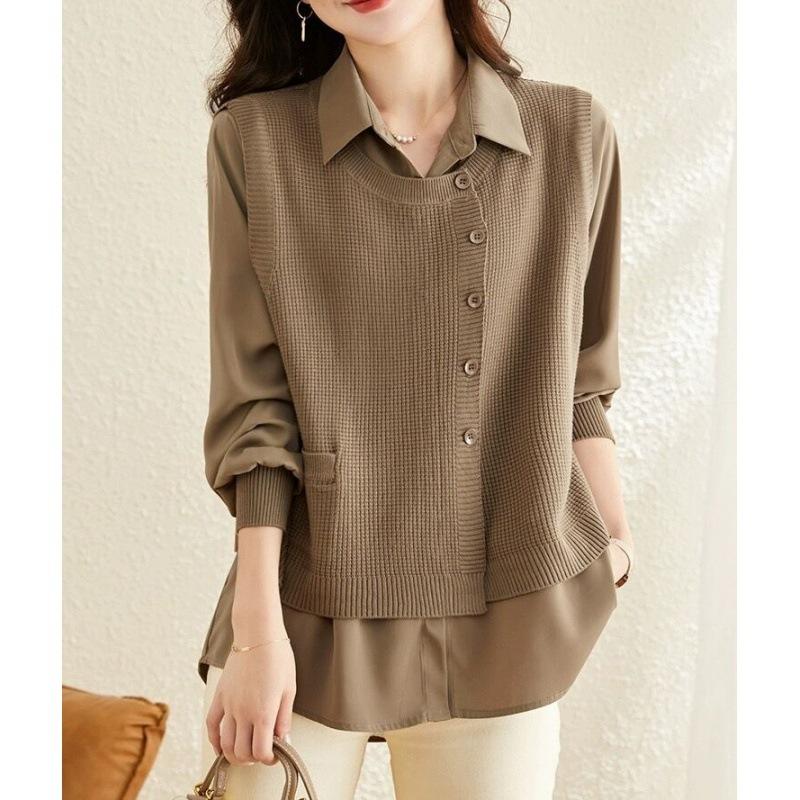 Cămașă reală din două piese pentru haine de toamnă pentru femei, cămașă nouă largă casual, jachetă pulover, vestă la modă, top cu mâneci lungi