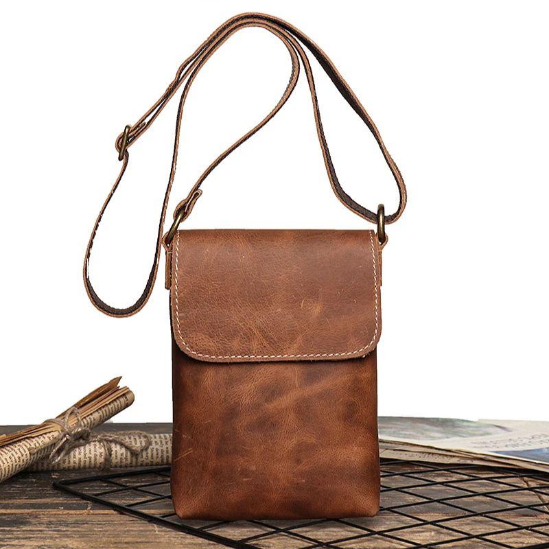 

Genuine Leather Cellphone Pouch With Shoulder Strap Men Women Shoulder Bag Small Crossbody Bag Fashion Sling Bag For Outdoor світло-коричневого кольору
