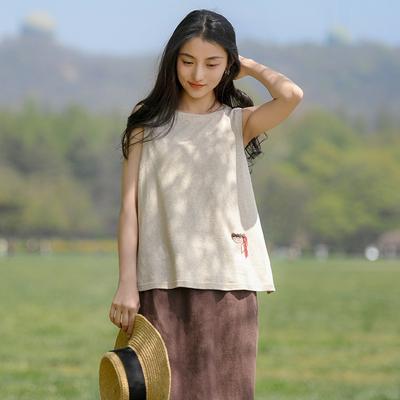 Damen Sommer Tank Tops O-Ausschnitt Knopf Einfarbig Tücher Vintage Lose Weiche Damen Tank Tops