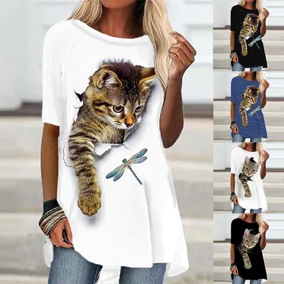 Women's T-Shirt White Black Short Sleeve Cat Animal Print T-Shirt Spring Summer Round Neck Fashion Casual Modern Tops