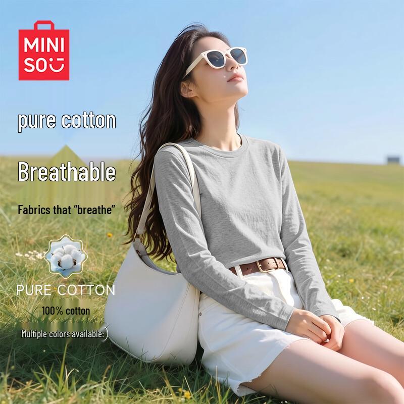 MINISO Women's 2026 Fall Casual Pure Cotton Long Sleeve T-Shirt