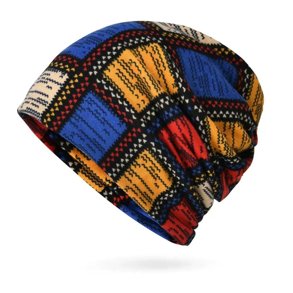 Winter Vintage Beanie Slouchy Skull Cap Color Block Windproof for Women Men