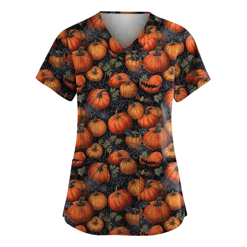 Moda Femenina Monos de Manga Corta con Cuello en V con Bolsillos Tops Estampados de Halloween Ropa