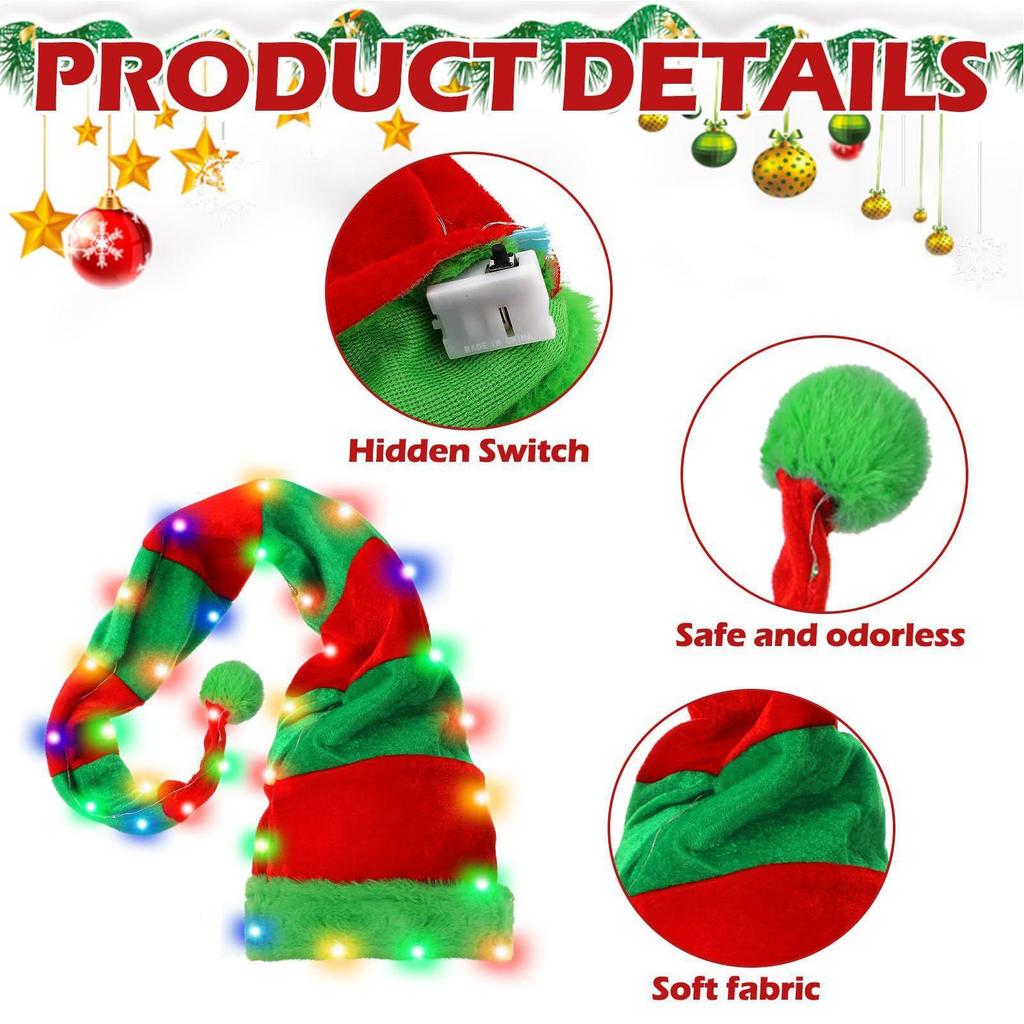 Christmas Creative LED Gold Velvet Light up Christmas HatElf HatDecoration with 3 Button battery Holiday Party Photo Props