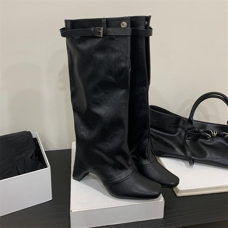 

Belt buckle Spice girl knight boots European and American personality tug cool boots 2025 retro high-heeled handsome cowboy boots 35