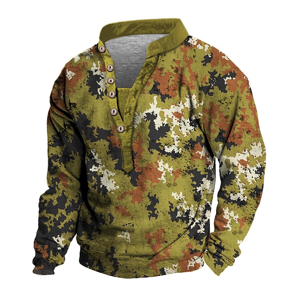 Pullover mit V-Ausschnitt für Herren, 3D-Digitaldruck, Stehkragen, 6 Knöpfe, Vintage-Kragen