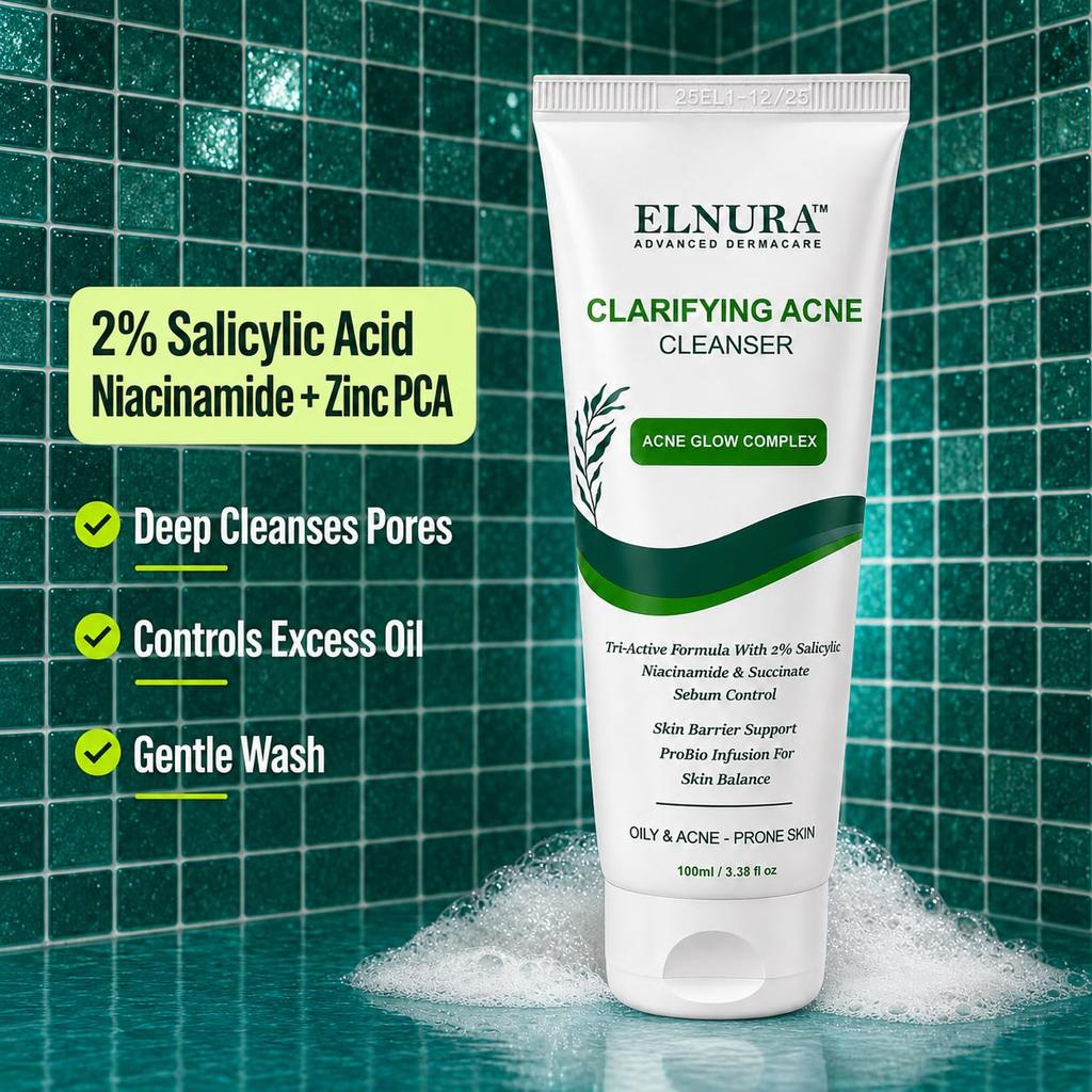 Elnura 2% Salicylic Acid Face Wash for Oily Skin and Active Acne, Sulphate Free Acne Cleanser with Zinc PCA, Succinic Acid & Cica, Oil & Pimple Co
