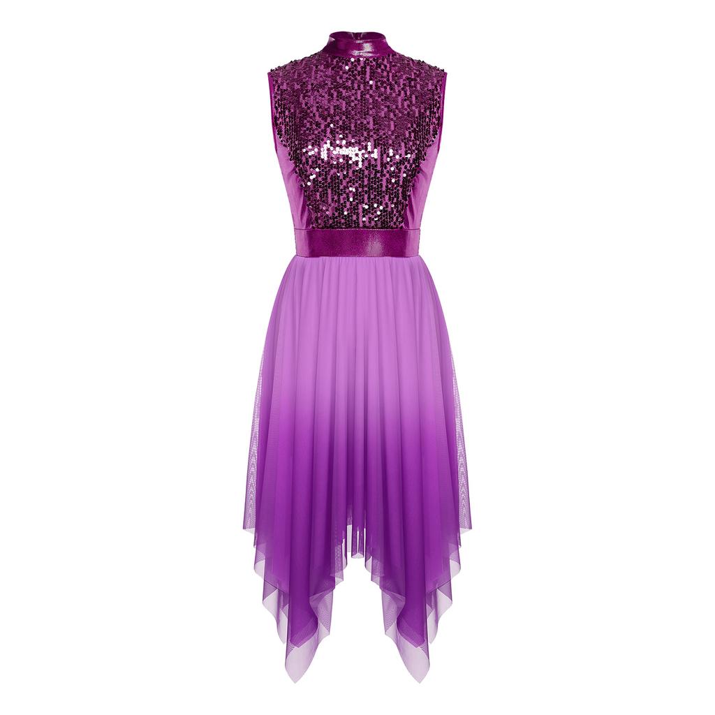 Womens Worship Praise Dance Dress Shiny Sequine Sleeveless Bodice Gradient Mesh Irregular Hem Lyrical Costume