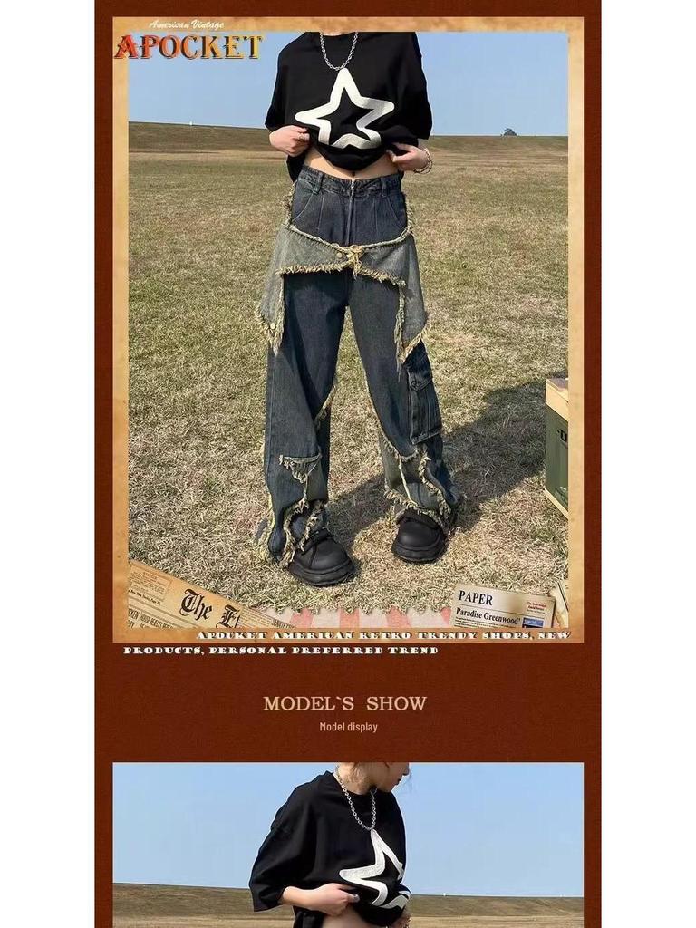 Men's Fringe Ripped Jeans & Women's Cargo Pants with Big Pocket Design - Summer Retro Style.
