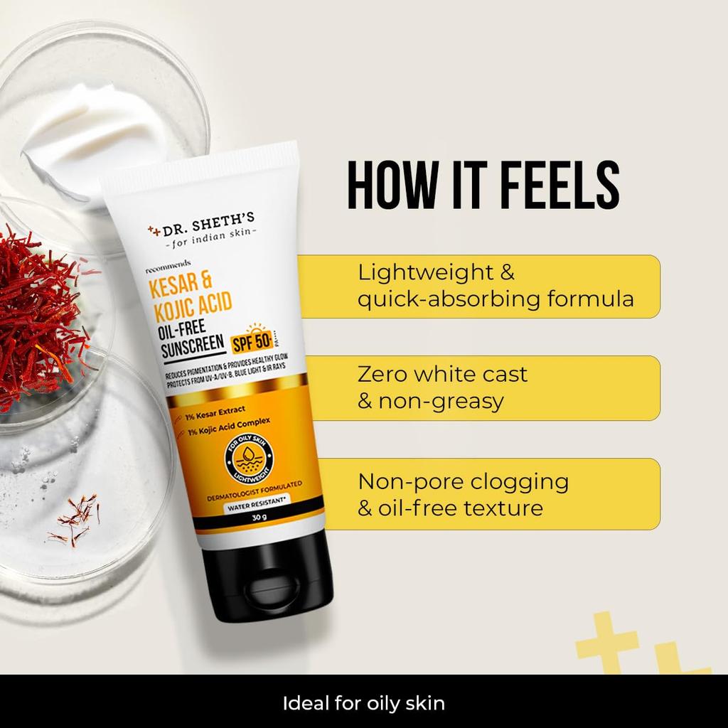 DR. Sheth's Kesar & Kojic Acid Ölfreier Sonnenschutz LSF 50+ PA++++ 30 g Packung für den Schutz öliger Haut