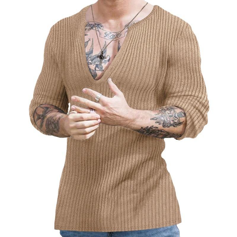 Amazon Cross-border 2023 European and American Men's Casual Autumn and Winter Deep V-neck Slim-fitting Long-sleeved Solid-color Knitted Bottoming