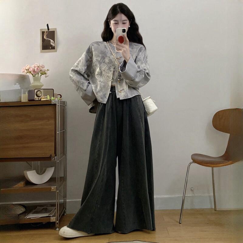 

Plus Size MM Set: Women s High-End Spring/Autumn Chinese Style Frog Button Jacket & Wide-Leg Pants/Skirt Two-Piece 3XL (160-180 jin)