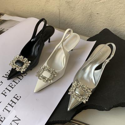 Fashion Pointed Toe Women Sandals Thin High Heels Back Strap Rhinestone Crystal Buckle Black White Silver Summer Stiletto Party Pumps 39