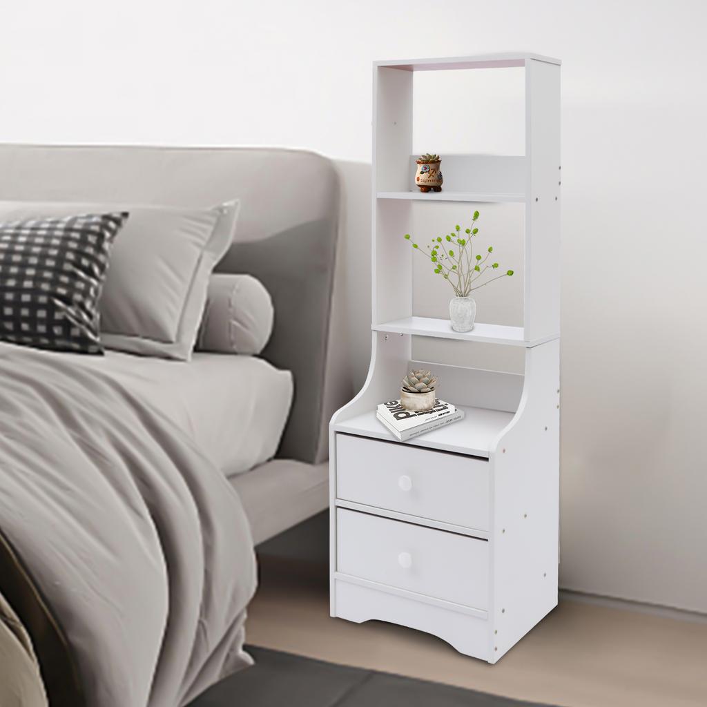 Modern Nightstand W/ 2 Drawers, 3-Tier Bedside Table for Bedroom - Sturdy White End Table with Storage Shelf, Small Night Stand