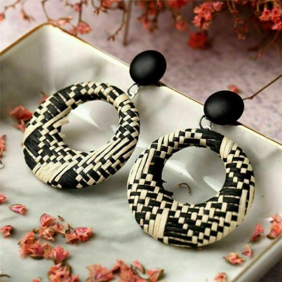 Wood Earrings Jewelry Bamboo Dangle Geometric Rattan Circle Women 2024 Fashion