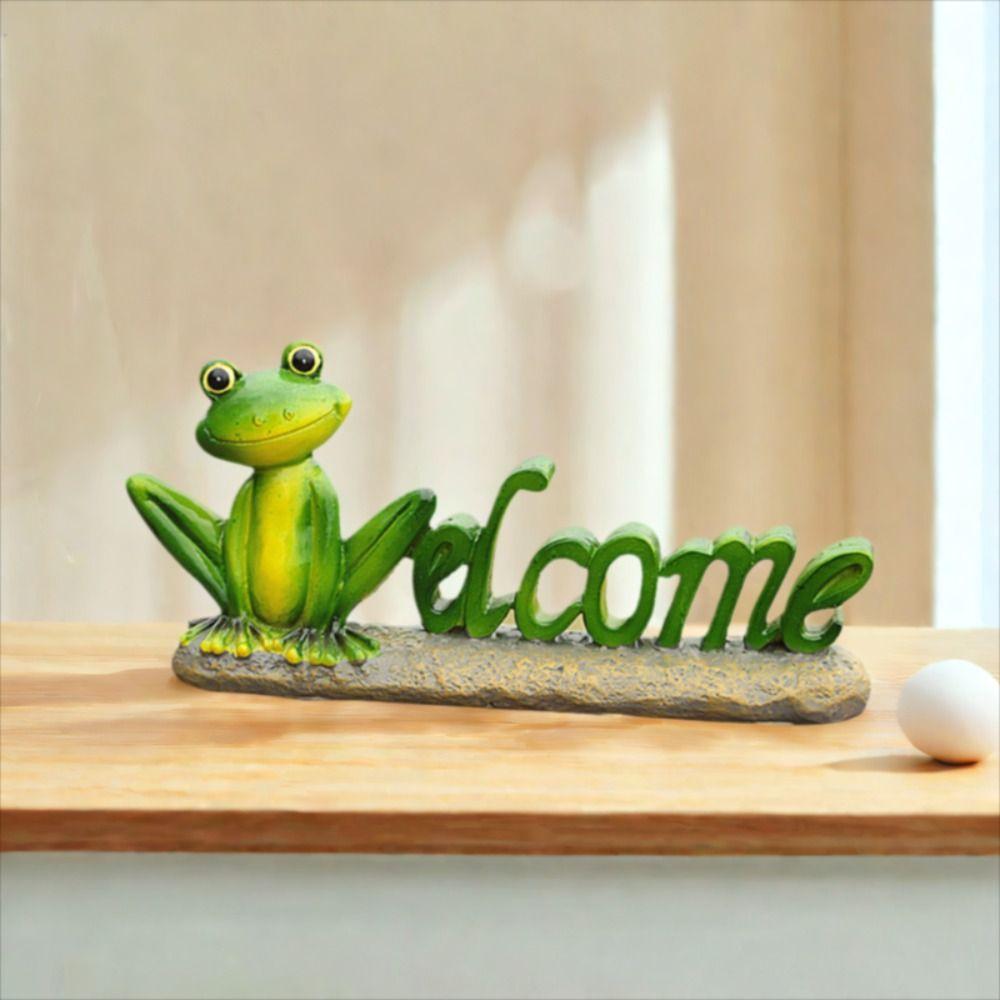 Resin Crafts Frogs Miniature Figurines Cartoon Animal Statue Frog Welcome Sign  Indoor Home Desktop