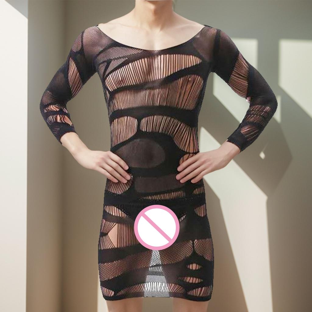Men'S Sexy Mesh Lingerie One-Piece Bodycon Dress Crotchless Erotic Nightwear Cool Male Sexy Underwear For Boyfriend