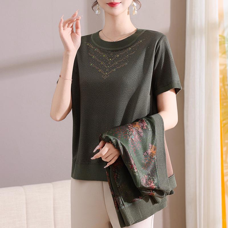 Mother's Ice Silk T-shirt & Jacket Set: Spring/Autumn Knit Two-Piece for Middle-aged & Elderly Women