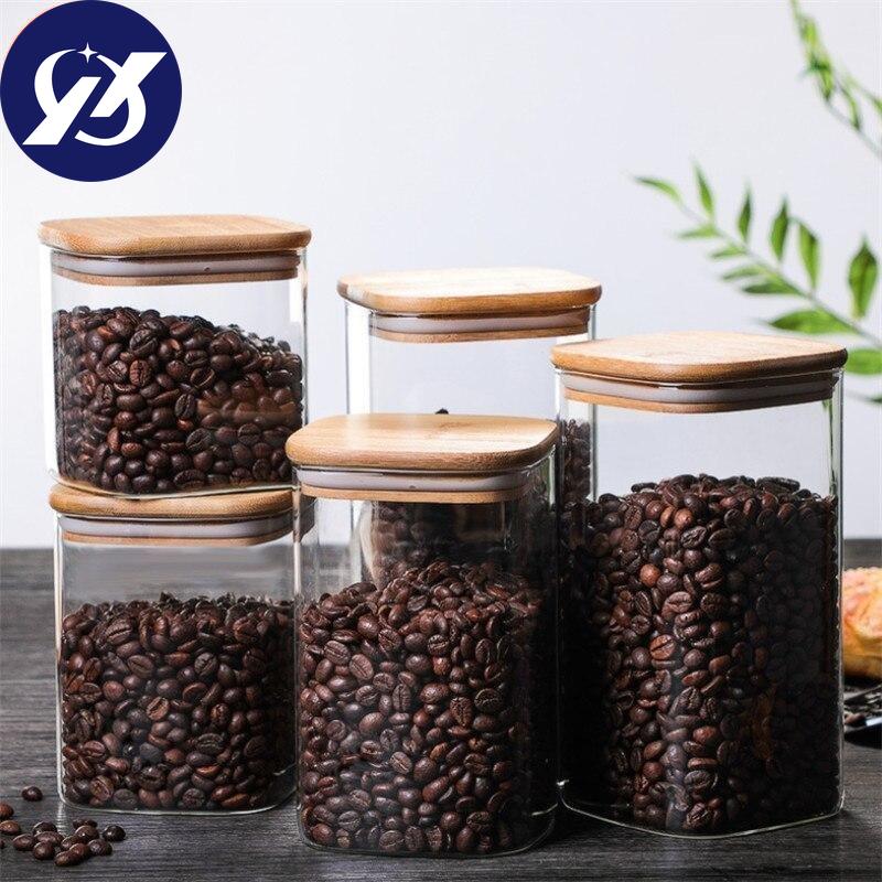 Průhledná čtvercová zapečetěná plechovka skleněná kořenka s víkem Kuchyňská nádrž na uskladnění kávových zrn Zásobník na potraviny
