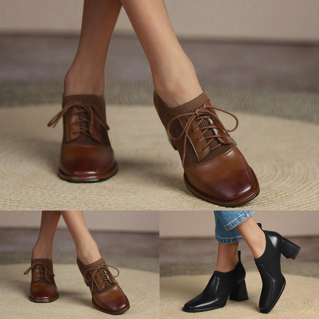 Ladies Solid Color Vintage Lace Up Chunky High Heel Deep Mouth Fashion Ankle Boots Leather Booties Women Boots