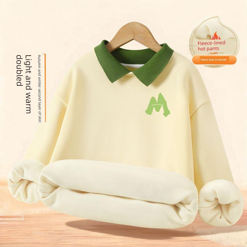 Girls' Sweatshirt Autumn and Winter Style A-Class Children's Autumn Clothing Fleece-Lined Thickened Warm Long-Sleeve T-Shirt Girls' Collared Top
