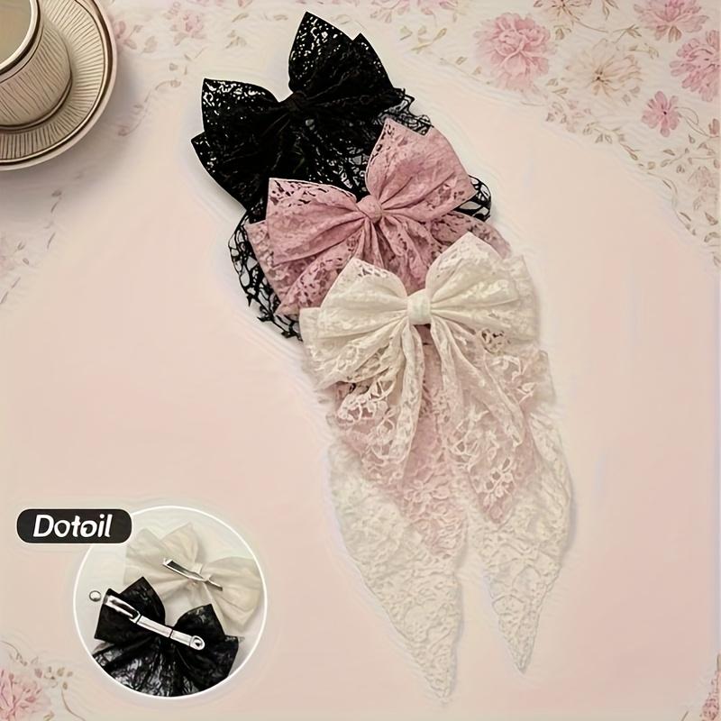 3Pcs Elegant Lace Bow Hairpin - Black, Pink - Elegant Bow Hairpin,