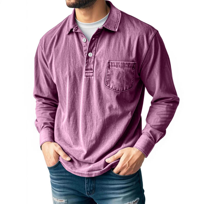Spring Autumn Men's Retro Solid Color Cotton Polo Shirts Washed Sports Button Pocket Lapel Collar Long Sleeve Tops