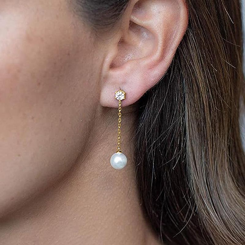 Zircon and Pearl Chain Pendant Earrings
