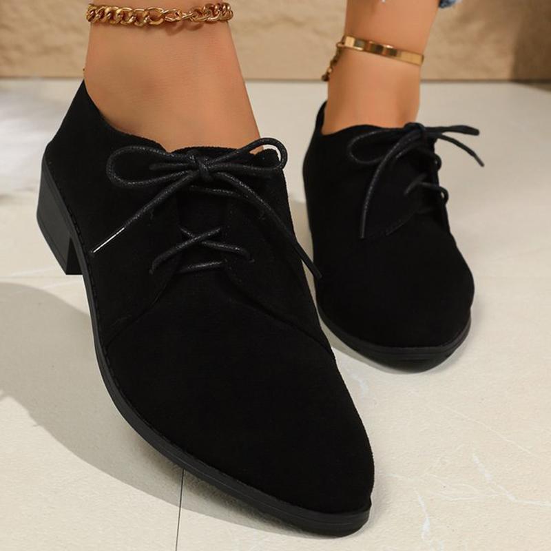 Fashion Comfortable Faux Suede Low Heel Pumps Women Solid Color Lace Up Loafers Woman Plus Size 36-43 Pointed Toe Casual Shoes Female