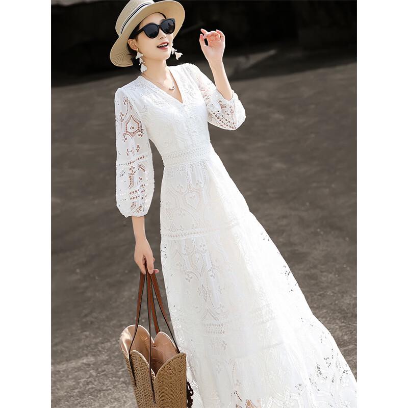 Lanser Elegant V-neck Hollow Lace A-line Dress XL