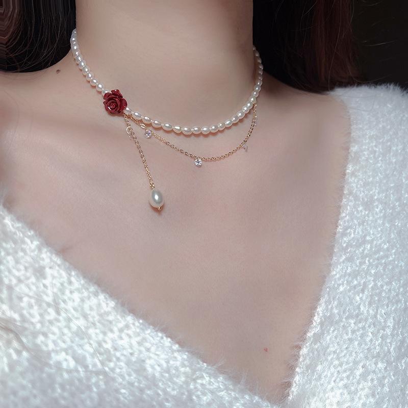 New, Vintage Red Rose Imitation Pearl Necklace Tassel Chain, Women's Necklace with Diamonds Women's