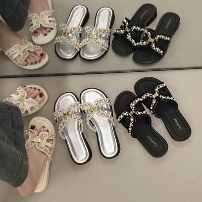 Francuskie Kapcie Ozdobione Perłami Letnie Płaskie Sandały - Plaża Outdoor Dom Wygodne Eleganckie Damskie Buty Modowe