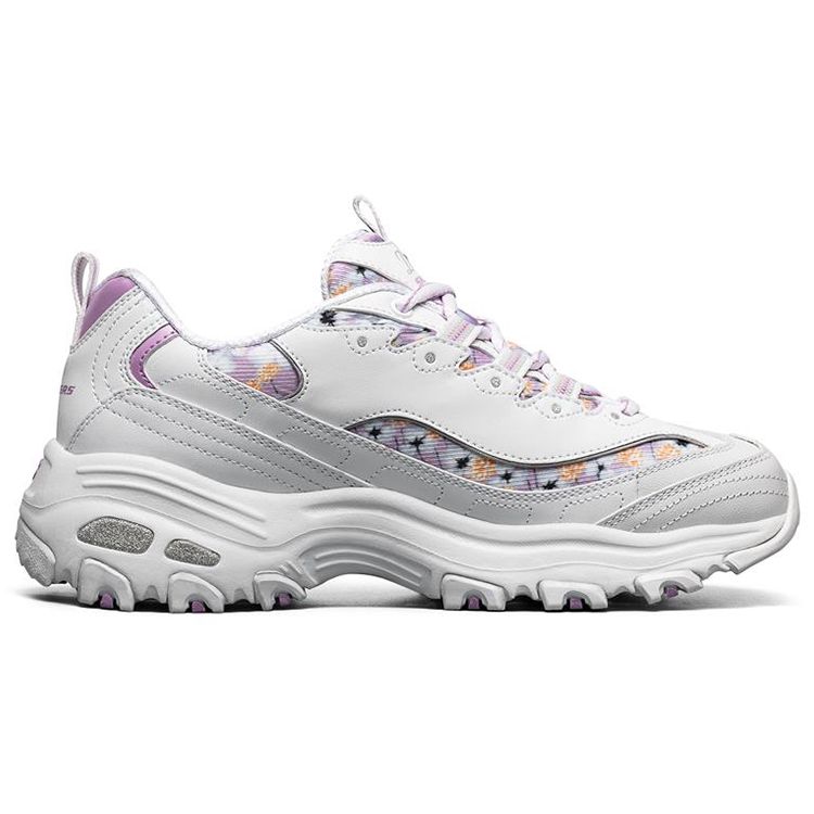 Skechers DLites 1.0 Tissu Cuir Synthétique Confortable Polyvalent Basse Tige Chaussures de Papa Baskets Femme Blanc Violet 11981-WLV