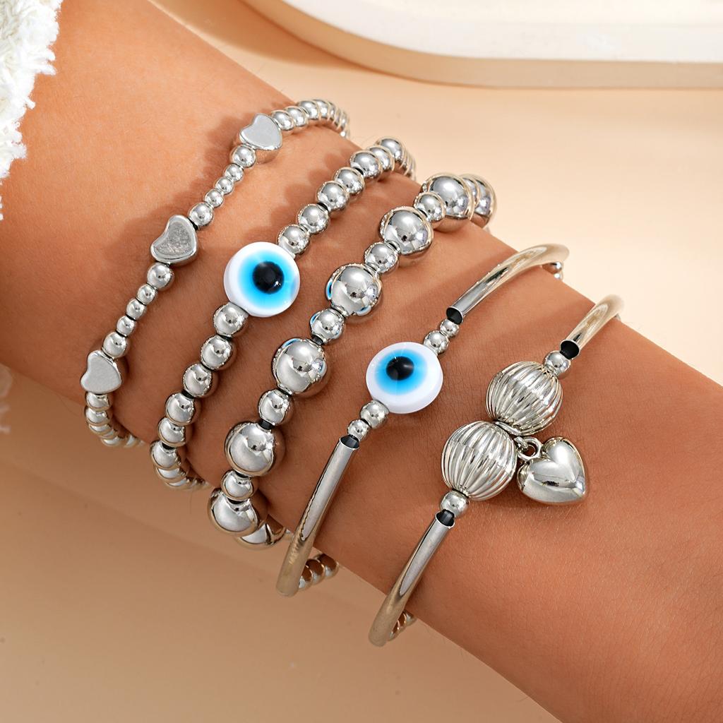 5Pcs/ Set Bohemia Minimalism Multilayer Love Heart Hollow Out Open Mouth Bracelet Set for Women Metal Chain Bangle Zircon Gifts